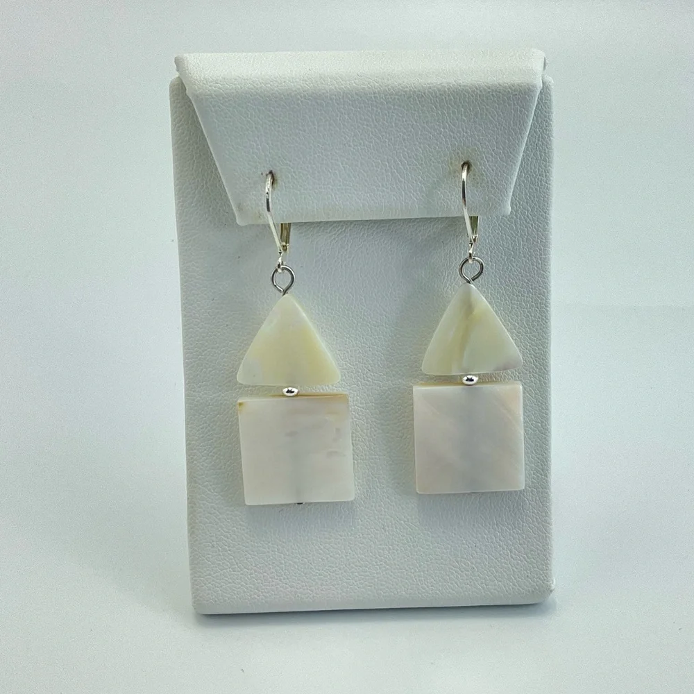 Mod Mother of Pearl Earrings, Handmade, Triangles & Squares, Neutral
